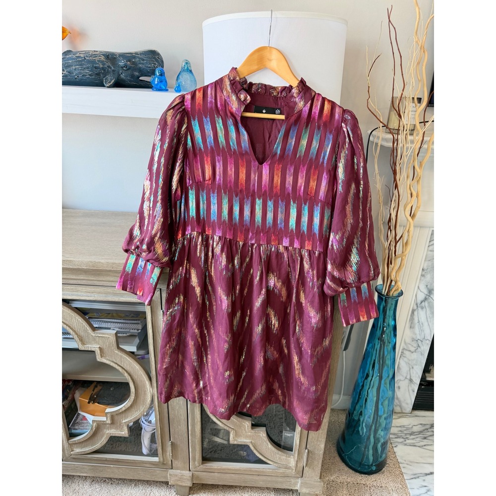 Emily Lovelock Metallic Ikat Mini‎ Dress Women Burgundy S